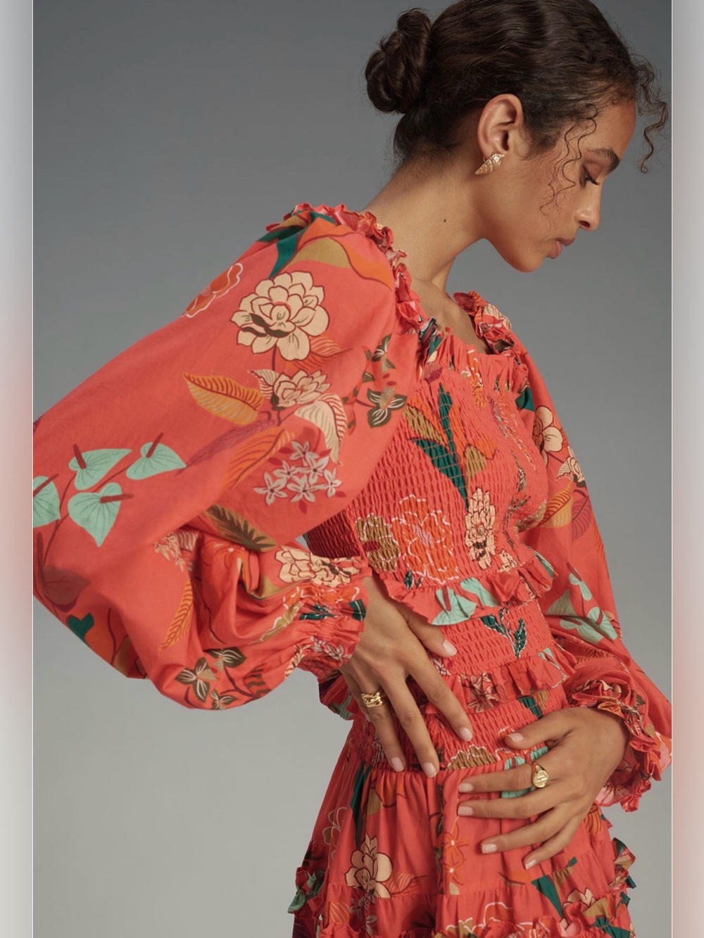 💜 Farm Rio x Anthropologie Floral Smocked Mini Dress – Coral Pink | Size L